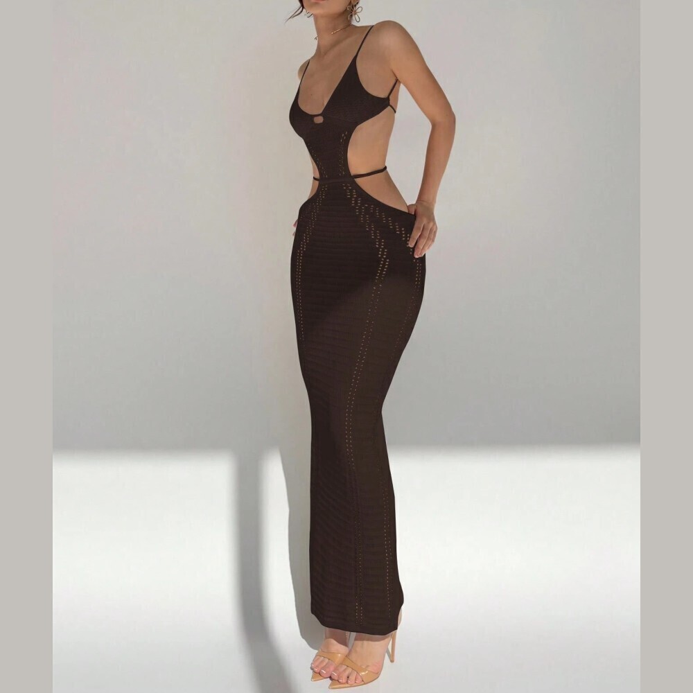 Brown Ribbed Knit Cutout Spaghetti Strap Maxi Sweater Dress